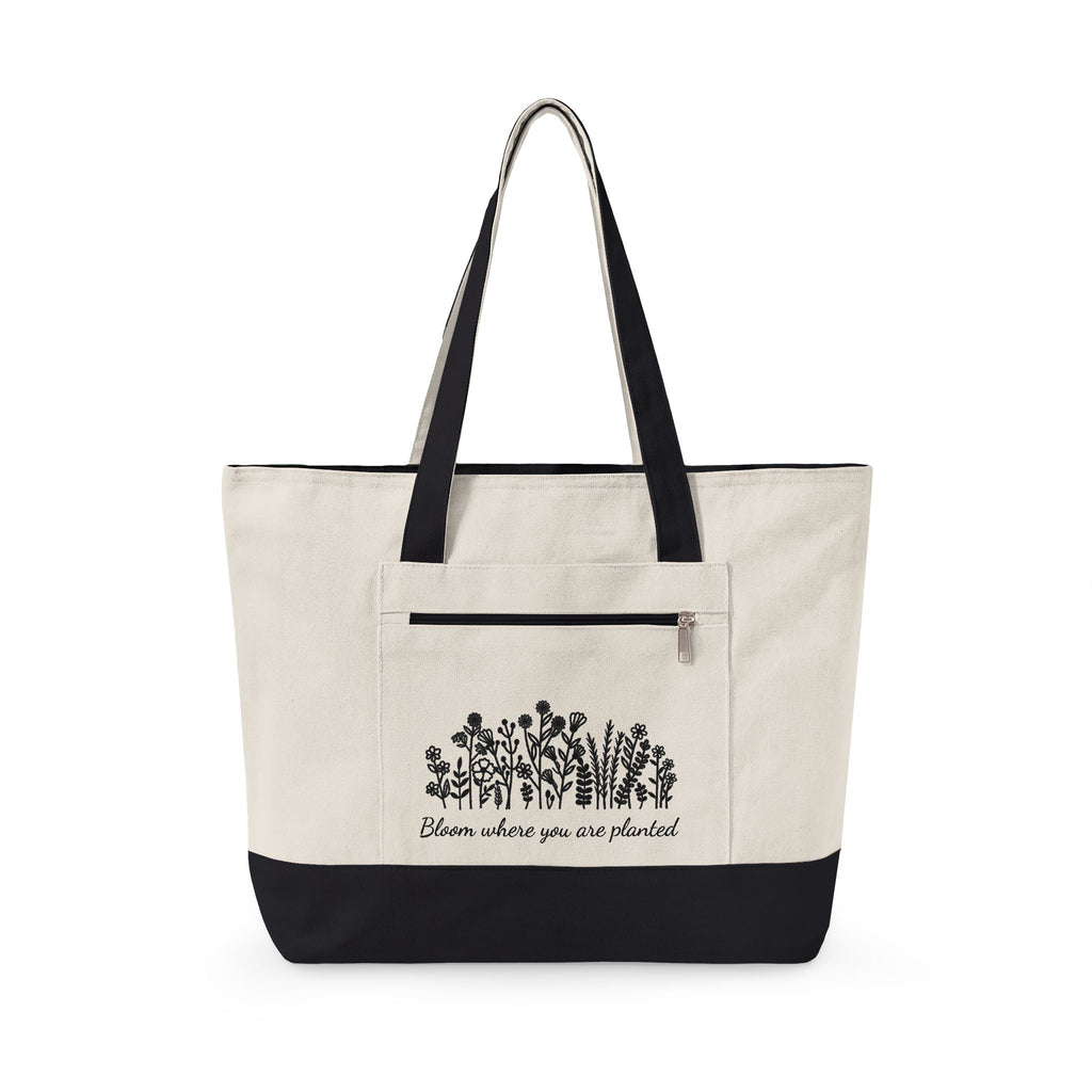 Canvas Tote Bag — 'Bloom Where You Are Planted' Floral Zippered Tote