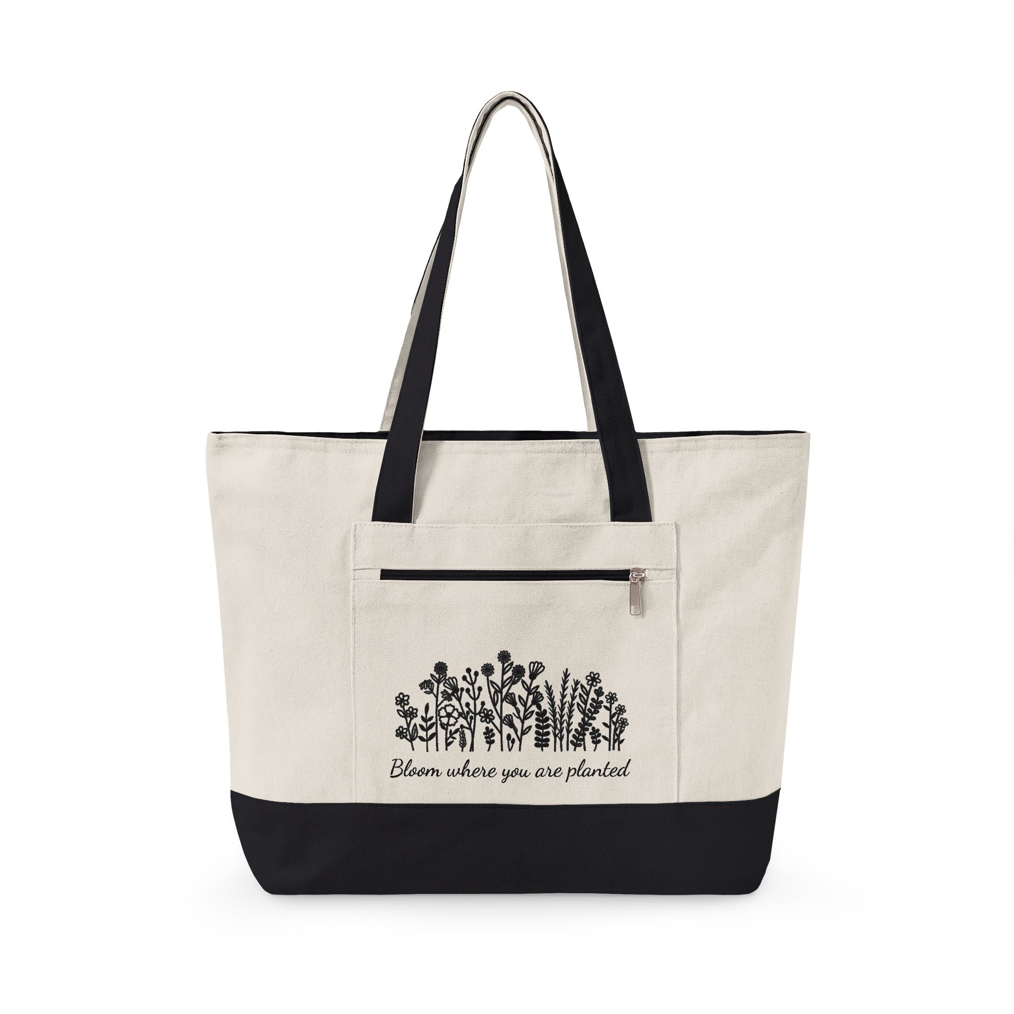 Canvas Tote Bag — 'Bloom Where You Are Planted' Floral Zippered Tote