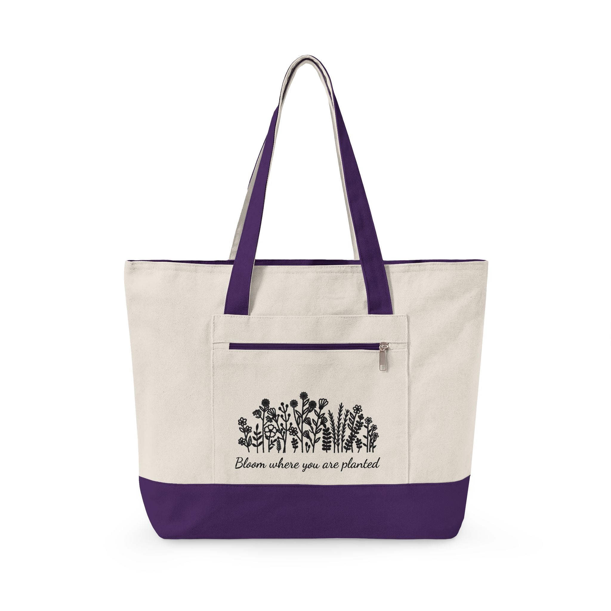 Canvas Tote Bag — 'Bloom Where You Are Planted' Floral Zippered Tote
