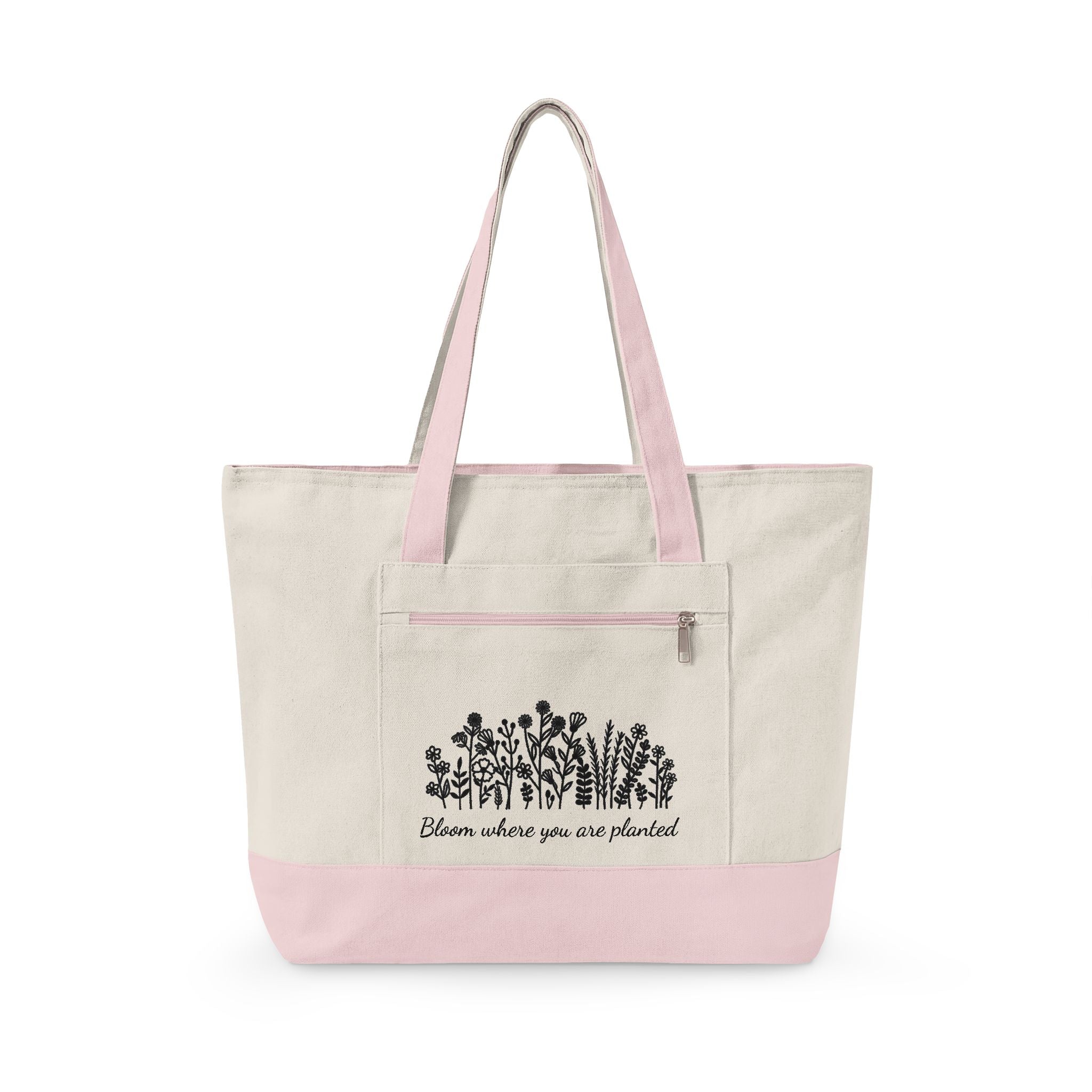 Canvas Tote Bag — 'Bloom Where You Are Planted' Floral Zippered Tote