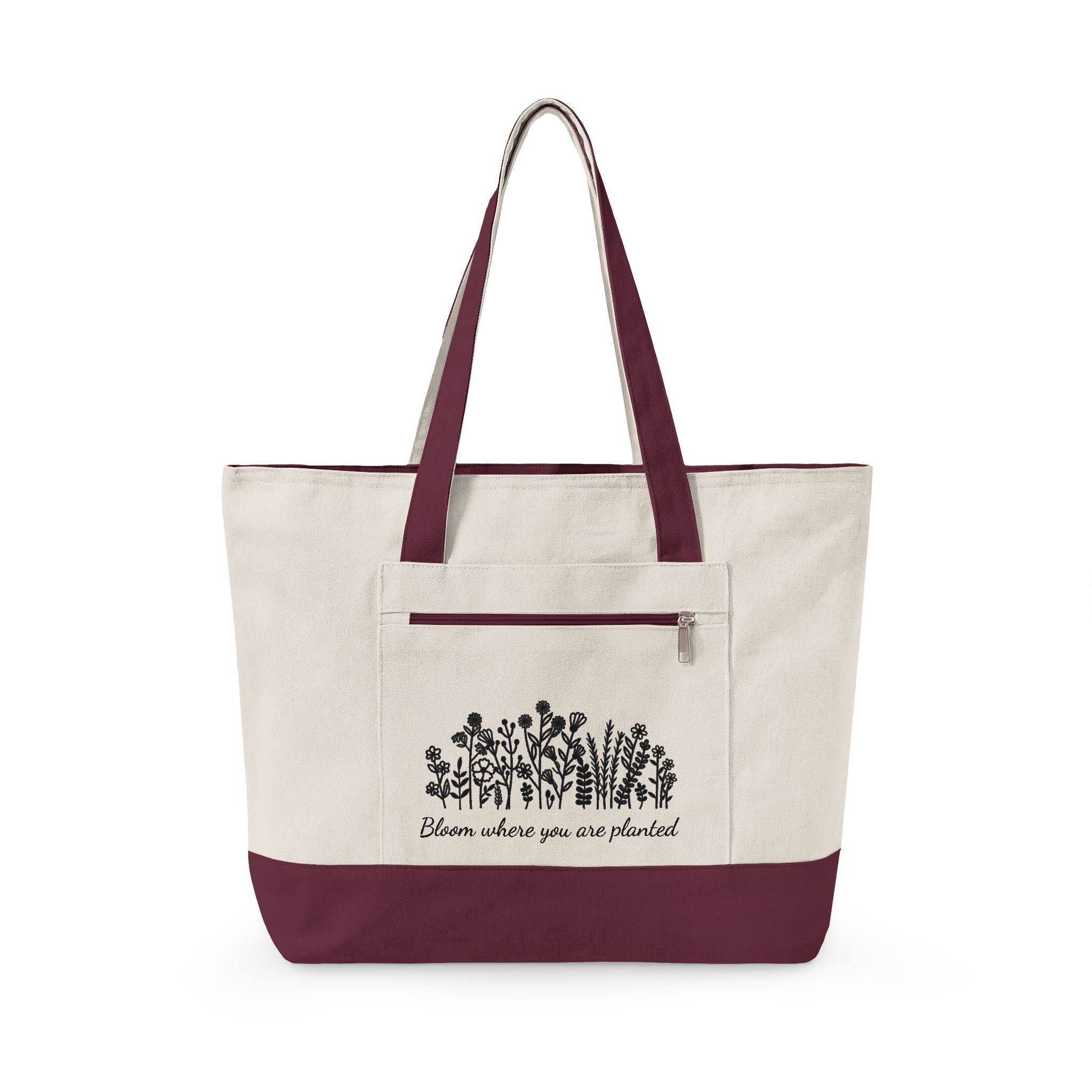 Canvas Tote Bag — 'Bloom Where You Are Planted' Floral Zippered Tote