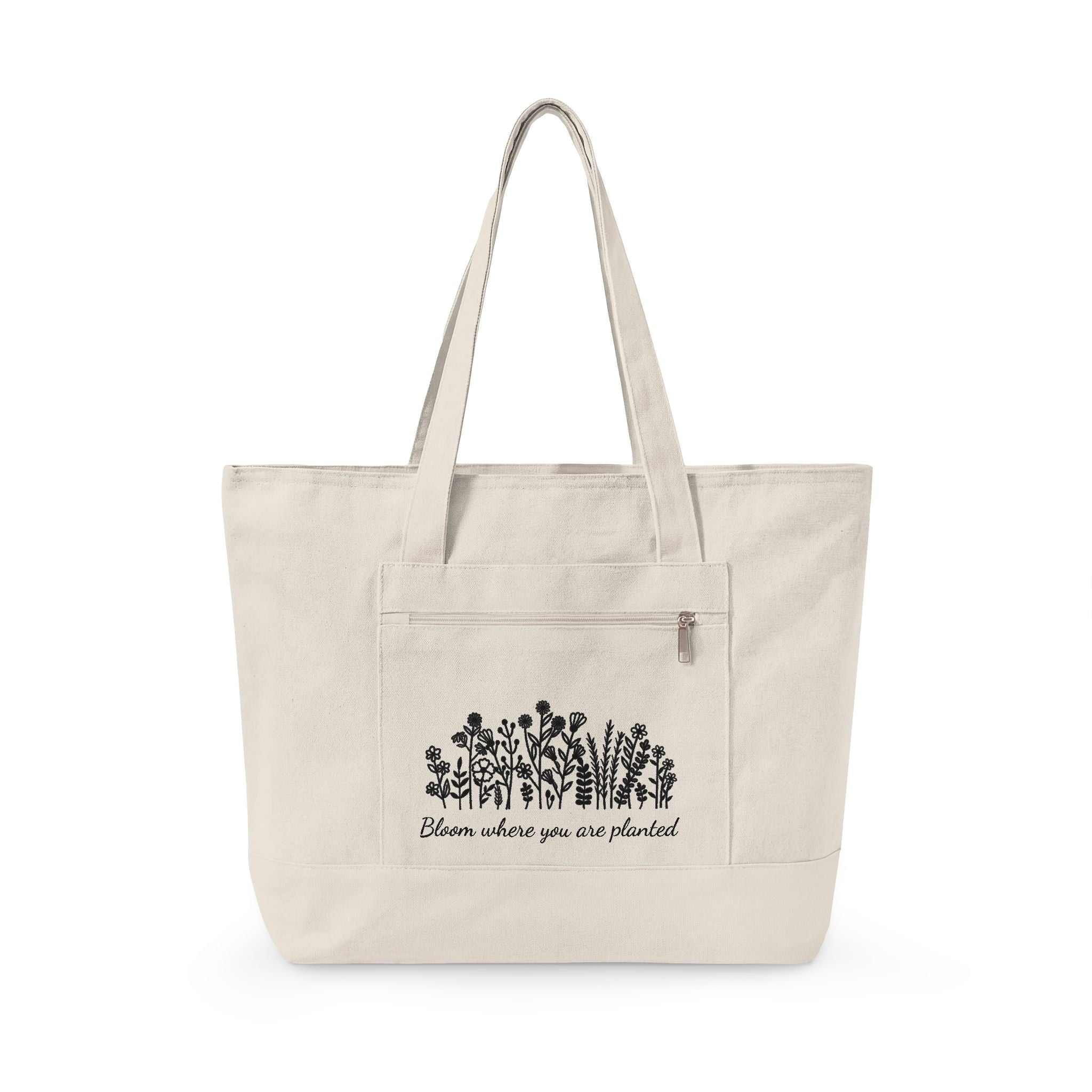Canvas Tote Bag — 'Bloom Where You Are Planted' Floral Zippered Tote