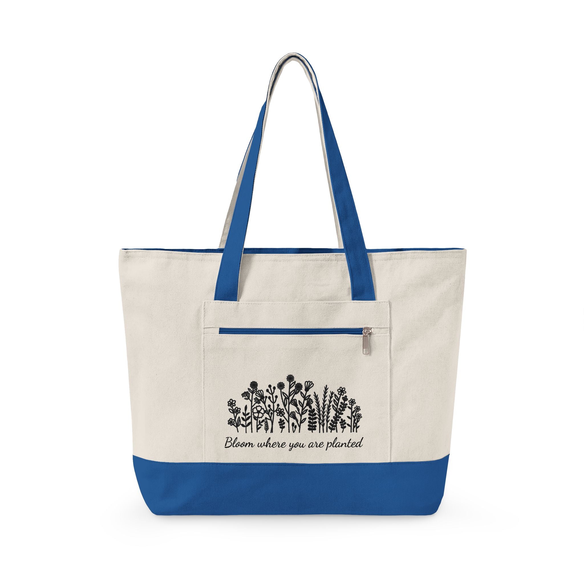 Canvas Tote Bag — 'Bloom Where You Are Planted' Floral Zippered Tote