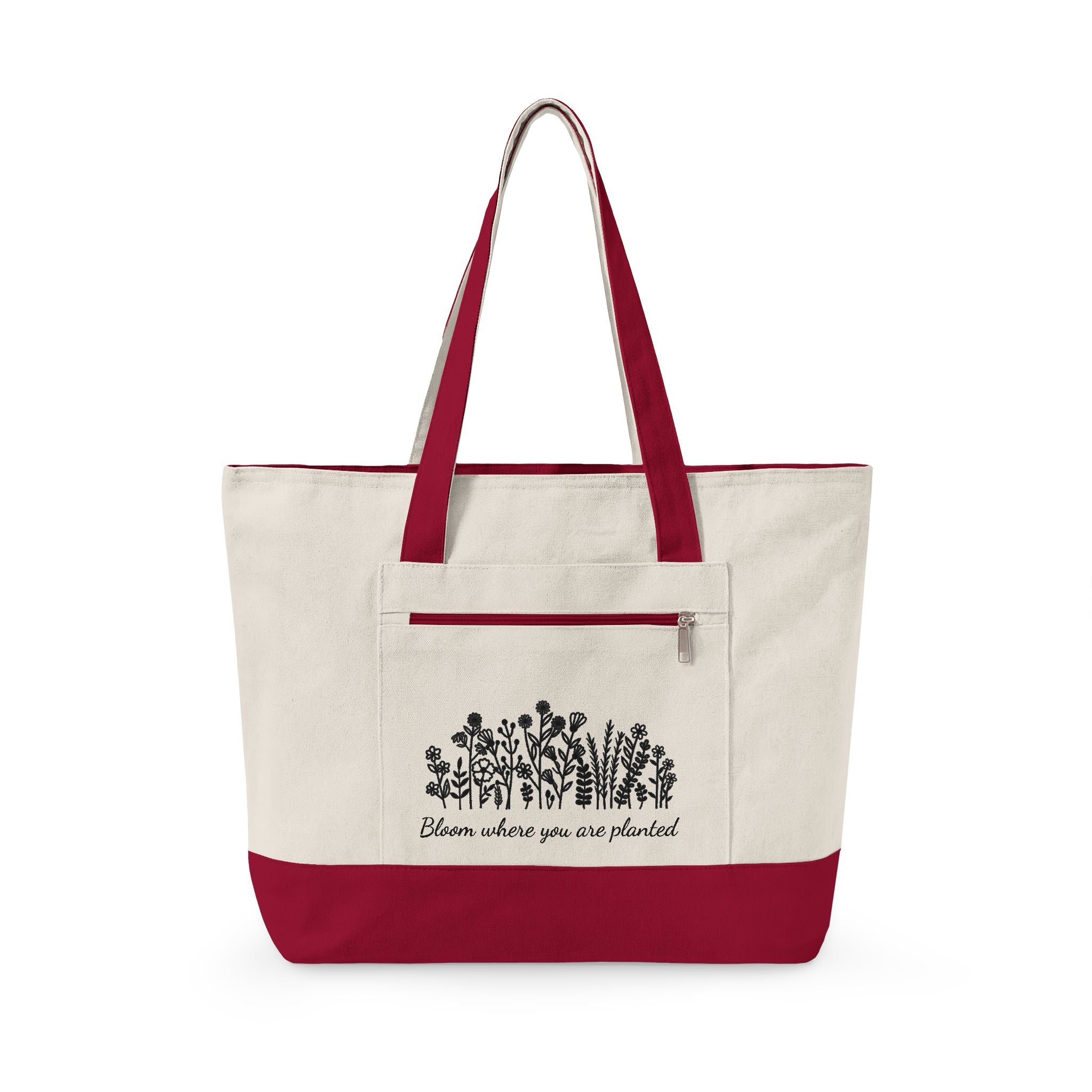 Canvas Tote Bag — 'Bloom Where You Are Planted' Floral Zippered Tote