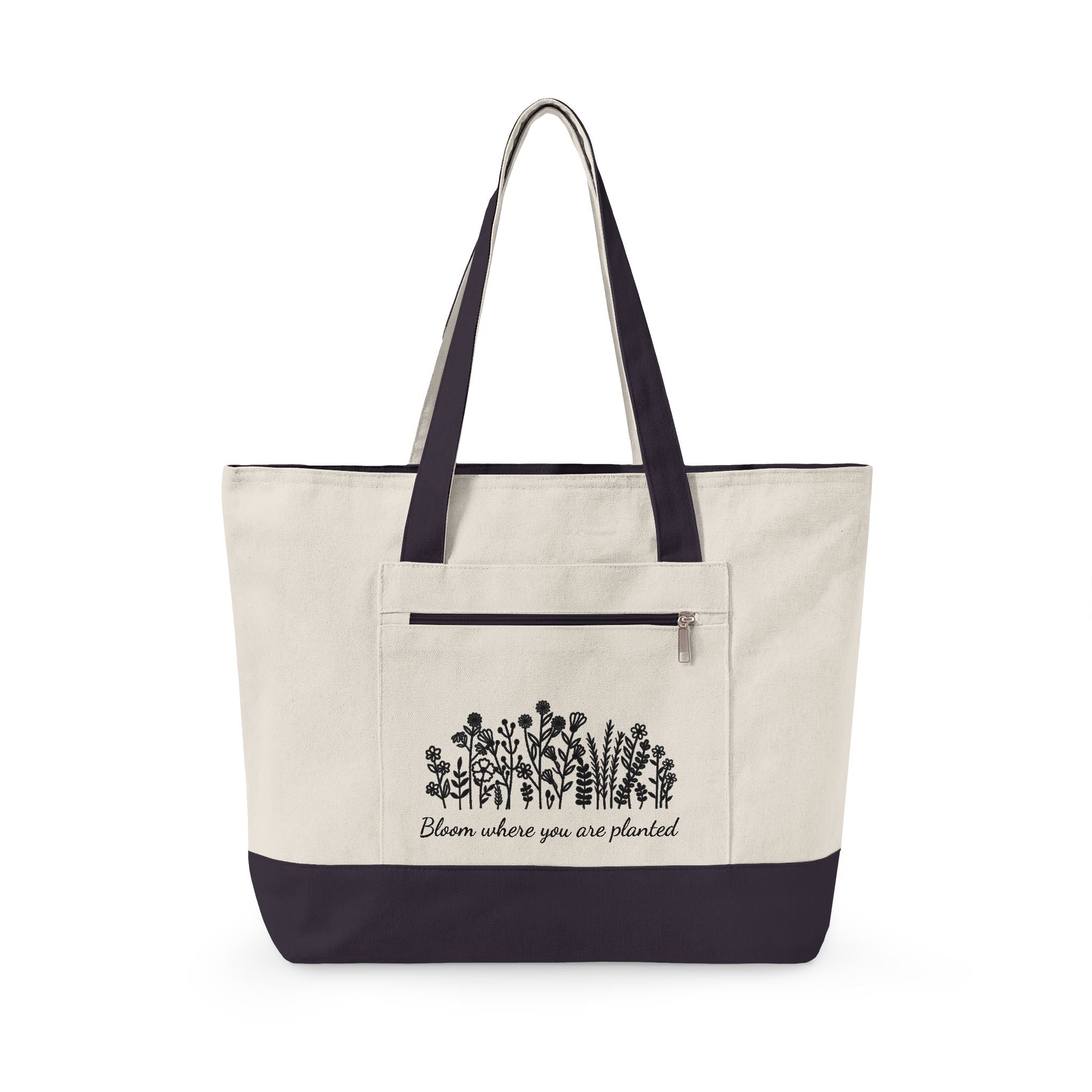 Canvas Tote Bag — 'Bloom Where You Are Planted' Floral Zippered Tote